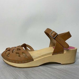 Swedish Hasbeens Ornament Sandals Clogs Tan Leather Women's 39 US 9 Ankle Strap